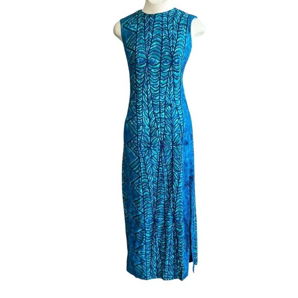 Kiyomi of Hawaii Iolani Vintage Hawaiian Blue Leaf Print Barkcloth Maxi Dress - Picture 1 of 9